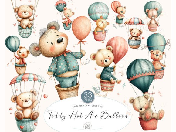 Download Teddy Bear Hot Air Balloon Clipart Set - Balloon clipart Collection
